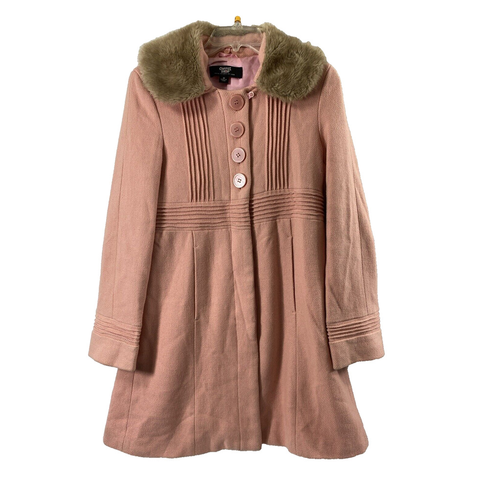 Vintage Coffee Shop Coat Womens Medium Pink Wool Blend Removable Faux Fur Collar